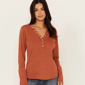 IDYLLWIND Pearl Knit Henley Shirt Pearl Snaps Womens Small Orange NEW